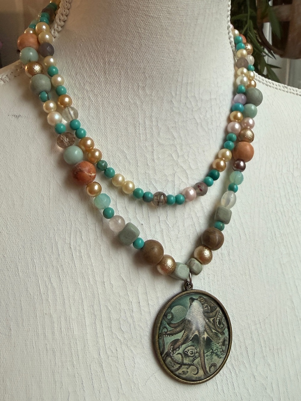 Necklace with Vintage Octopus Cabochon Pendant • Boho Nautical Statement Jewelry